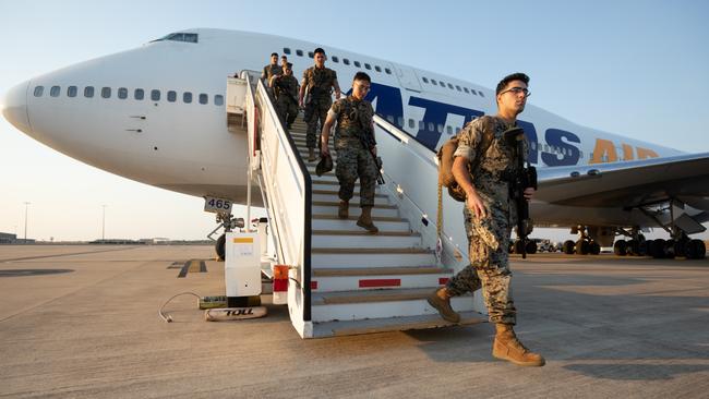 US Marines disembark at RAAF Base Darwin, NT, to join the 2019 Marine Rotational Force – Darwin. SUPPLIED