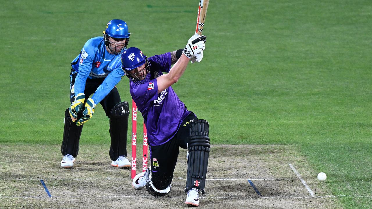 Ben McDermott of the Hurricanes hits a boundary during the Men's Big Bash League match between the Hobart Hurricanes and the Adelaide Strikers at Blundstone Arena, on January 02, 2023, in Hobart, Australia. (Photo by Steve Bell/Getty Images)