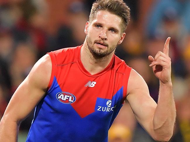 ADELAIDE, AUSTRALIA - JULY 28: Jesse Hogan of the Demons celebrates after kicking a goal during the round 19 AFL match between the Adelaide Crows and the Melbourne Demons at Adelaide Oval on July 28, 2018 in Adelaide, Australia.  (Photo by Daniel Kalisz/Getty Images)