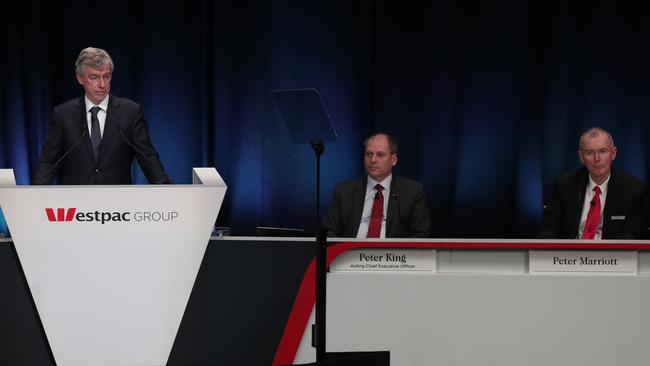 Westpac chairman Lindsay Maxsted, acting CEO Peter King and non-executive director Peter Marriott at the AGM in Sydney. Picture: Ryan Osland