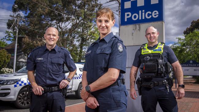 New recruits Aaron Guthrie, Barb Smith and Anthony Newman made career changes to join the police force. Picture: Wayne Taylor