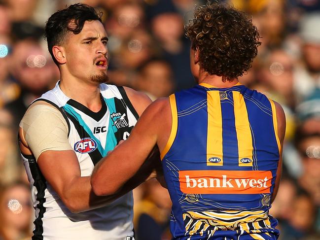 PERTH, AUSTRALIA - JULY 09: Sam Powell-Pepper of the Power and Matt Priddis of the Eagles wrestle during the round 16 AFL match between the West Coast Eagles and the Port Adelaide Power at Domain Stadium on July 9, 2017 in Perth, Australia.  (Photo by Paul Kane/Getty Images)