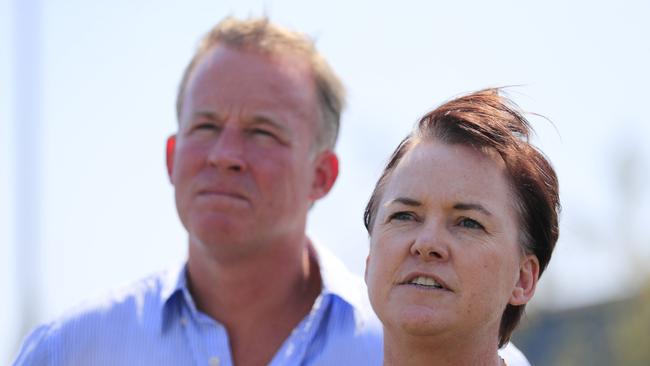 Huon Valley Mayor Bec Enders (right) speaks to media about the Tasmanian bushfires with Tasmanian Premier Will Hodgman in Huonville. Picture: AAP/Rob Blakers