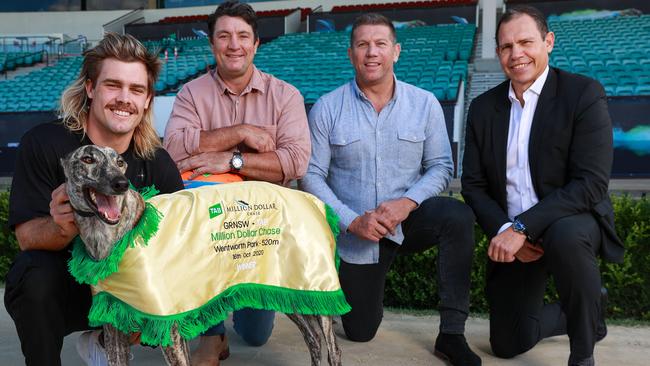 Mestrov with NRL identities Ryan Papenyhuzen, Nathan Hindmarsh and Bryan Fletcher during his time as Greyhound Racing NSW CEO. Picture: Justin Lloyd