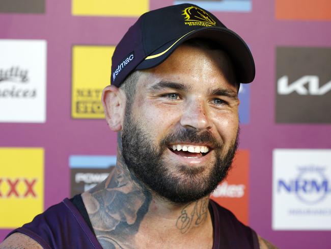 Adam Reynolds speaks during a press conference during the Broncos training session at Red Hill. Picture: Tertius Pickard