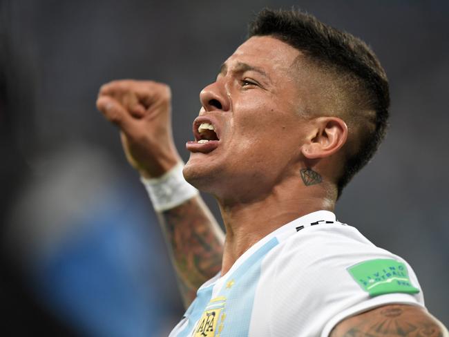 Argentina's Marcos Rojo celebrates his goal.