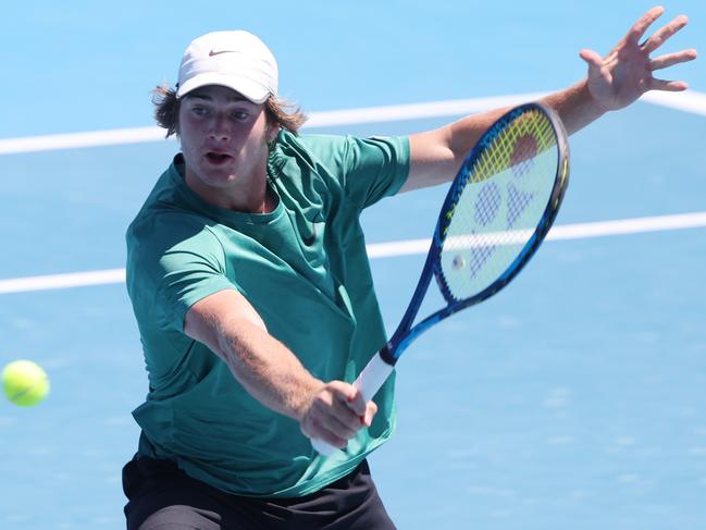 Cooper Errey competing at the Australian Open juniors in the first round earlier this year. He’s currently an ATP ranked player. Picture: Tennis Australia/David Mariuz