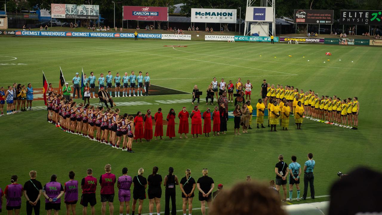 Welcome to Country as thousands of fans gathered for the AFLW Dreamtime game between Richmond and Essendon in Darwin. Picture: Pema Tamang Pakhrin