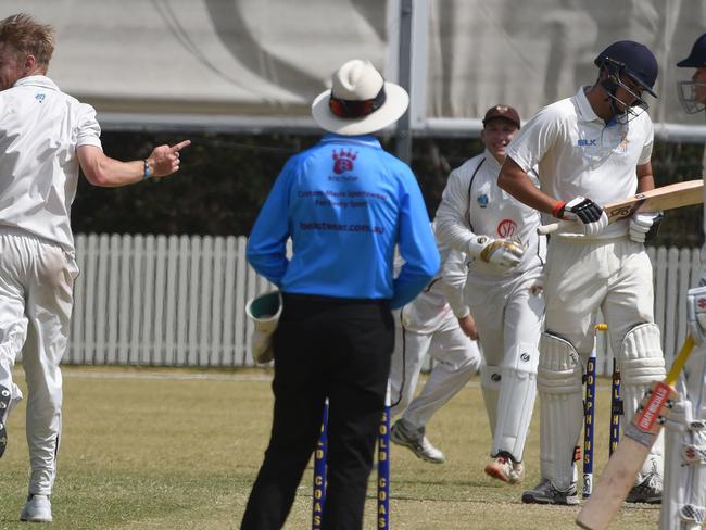 Bartlett (right) is dismissed in the Dolphins’ two-day loss to Ipswich-Logan. Picture: Steve Holland