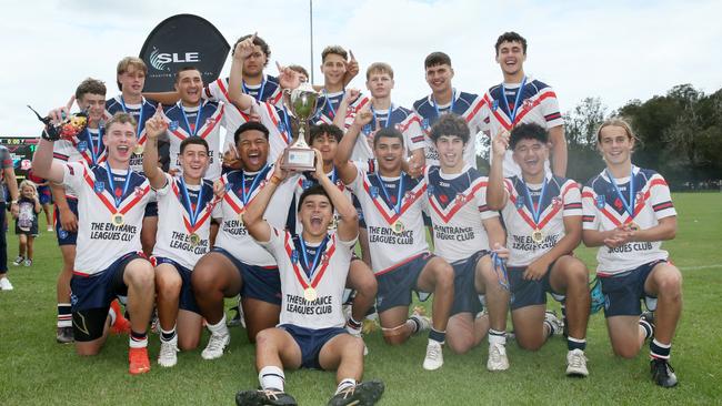 The Central Coast Roosters celebrate win in the Andrew Johns Cup Grand Final. Picture: Sue Graham