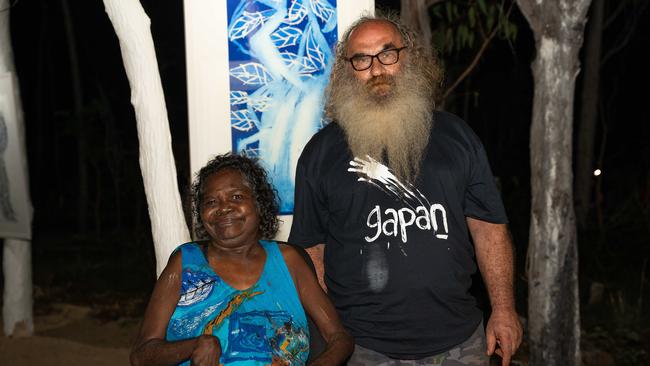 Dhambit Ruypu Munungurr and Tony Gintz at the Gapan Gallery of Garma Festival on Friday August 2023. Picture: Pema Tamang Pakhrin