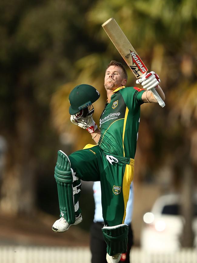 SYDNEY, AUSTRALIA - SEPTEMBER 22:  David Warner of Randwick Petersham celebrates after reaching his century during the NSW First Grade Club Cricket match between Randwick Petersham and St George at Coogee Oval on September 22, 2018 in Sydney, Australia.  (Photo by Ryan Pierse/Getty Images)