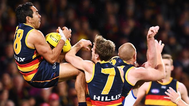 Adelaide Crows Eddie Betts marks in the final seconds against North Mlebourne in the  round 22 match at Adelaide Oval. Picture: Mark Brake/Getty