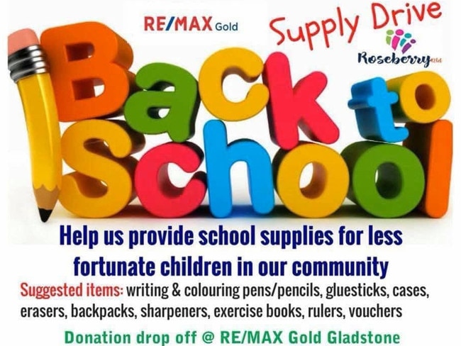 Remax Gold Gladstone are holding a Back-to-School supply drive to assist charity Roseberry for the fifth year.