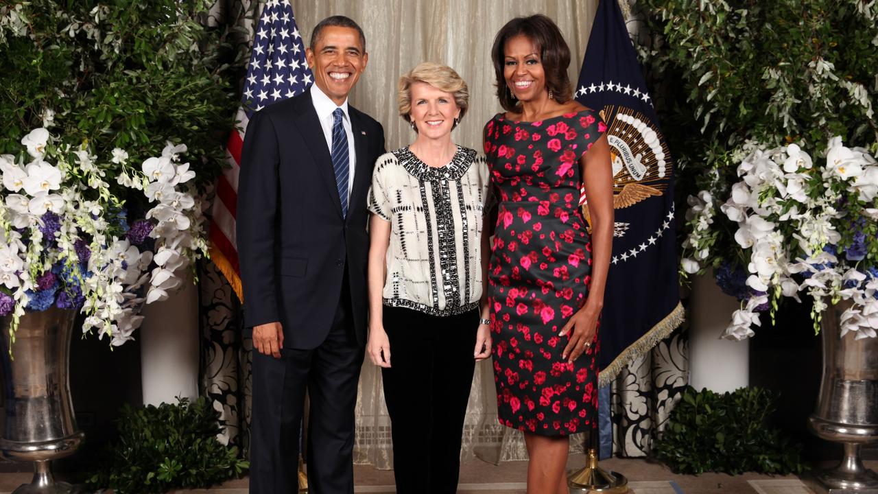 President Barack Obama and First Lady Michelle Obama greet Julie Bishop when she was Australia’s Minister for Foreign Affairs during a United Nations General Assembly reception in New York, US, in 2013. Picture: Official White House Photo