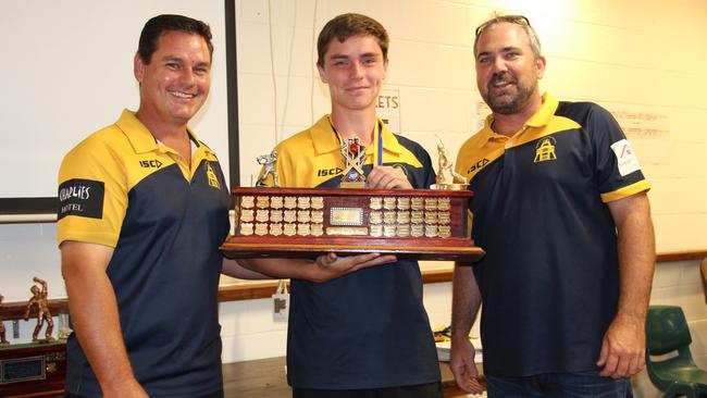 Junior Cricketer of the Year Winner Cooper Keogh congratulated by Todd Keogh and Alastair Lewis. Picture: Supplied