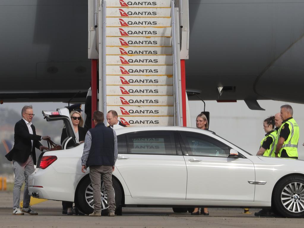 The PM arrived ahead of the Queen’s memorial service in Canberra. Picture: John Grainger.