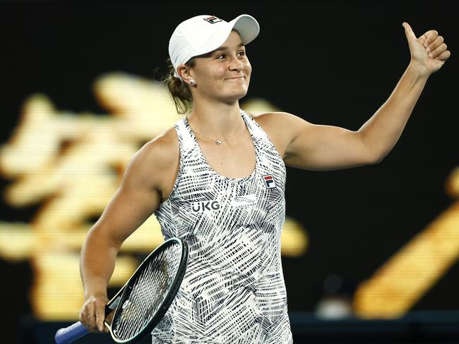 MELBOURNE, AUSTRALIA - JANUARY 21: Ashleigh Barty of Australia celebrates after winning her third round singles match against Camila Giorgi of Italy during day five of the 2022 Australian Open at Melbourne Park on January 21, 2022 in Melbourne, Australia. (Photo by Daniel Pockett/Getty Images)