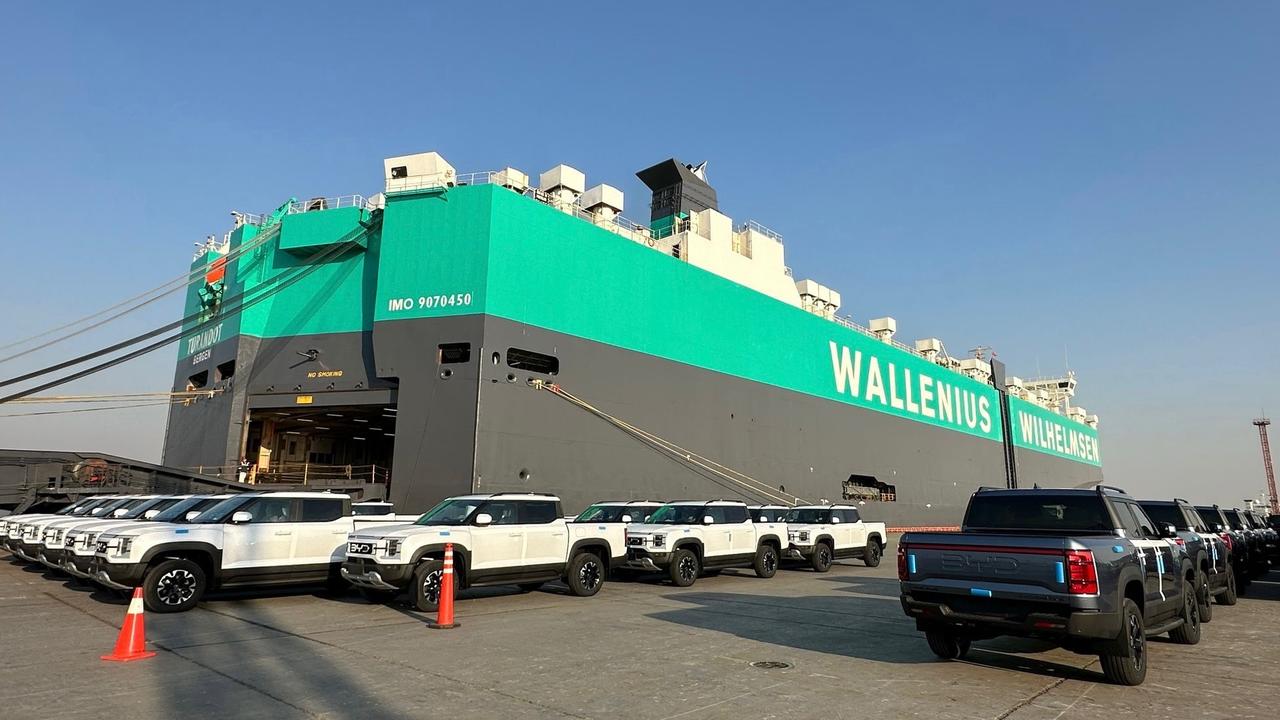 BYD Shark utes loading onto a car carrier in China. Picture: Supplied