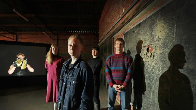 Dark Mofo: Artist's behind the Pink Palace, Maria Blackwell, left, Dexter Rosengrave, Tess Campbell and Sam Mountford. Picture: SAM ROSEWARNE