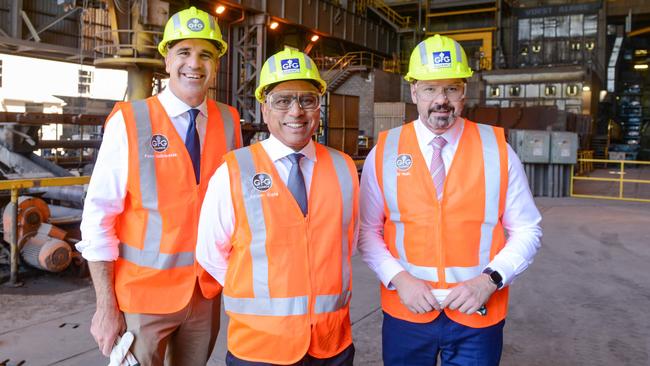 Premier Peter Malinauskas and Federal Minister Ed Husic with Sanjeev Gupta at the Whyalla steel plant. Picture: GFG Alliance/Brenton Edwards