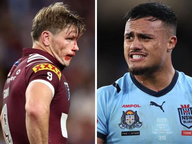 Spencer Leniu (right) made his feelings clear to the Maroons. Photos: Getty Images