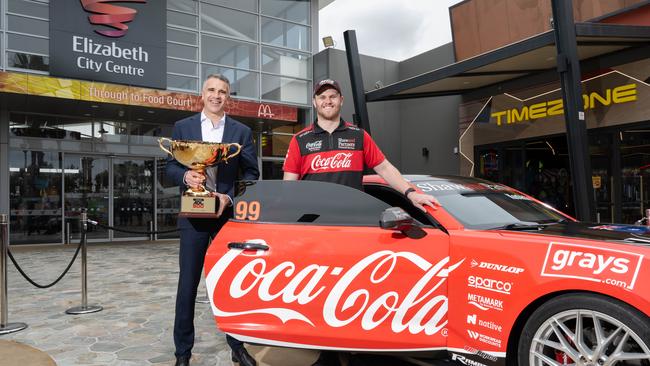 Premier of South Australia Peter Malinauskas and Supercars Championship leader Brodie Kostecki with a supercar at Elizabeth City Centre ahead of the Adelaide 500. Picture: NCA NewsWire / Morgan Sette