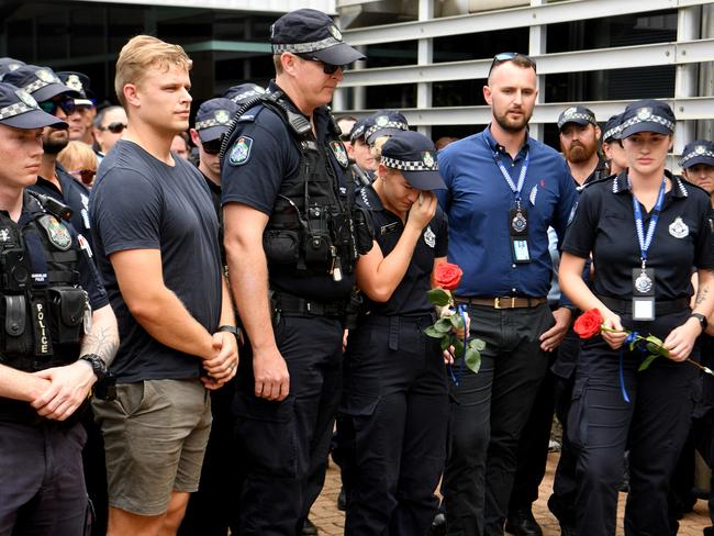 Memorial police service for Constable Matthew Arnold and Constable Rachel McCrow at Townsville Police Station. Constable Bree Lochyear, who went through police academy with Rachel wipes away tears. Picture: Evan Morgan