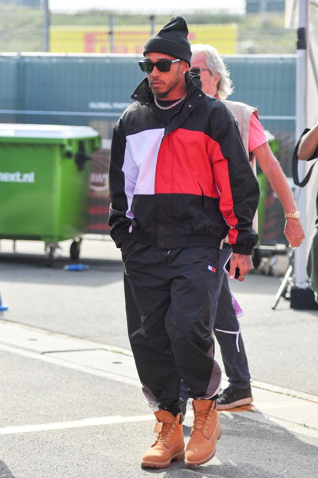 Lewis Hamilton wears Tommy Hilfiger at the Netherlands Grand Prix.