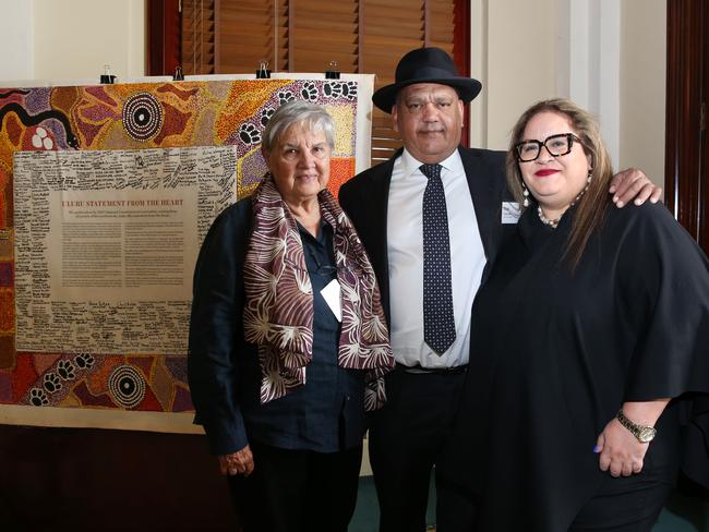 26/05/2021. Megan Davis, Pat Anderson and Noel Pearson join The Sydney Peace Foundation at Sydney Town Hall today, where The Uluru Statement from the Heart is announced as the winner of the 2021 Sydney Peace Prize (pictured with the Uluru Statement from the Heart). Britta Campion / The Australian