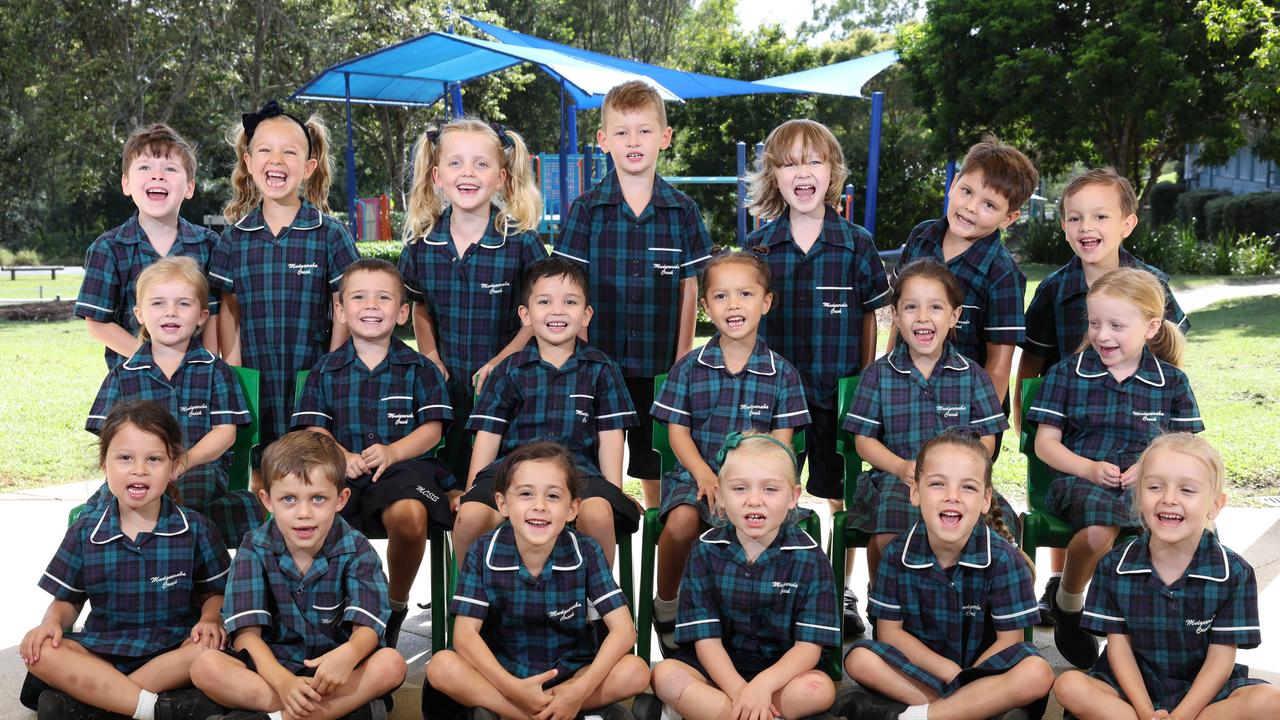 My First Year: Mudgeeraba Creek State School Prep A. Front row: Cleo, Miller, Ari, Sophie, Jolie, Eloise. Middle row: Ellody, Kyson, Max, Aaliya, Zariah, Maggie. Back row: Archer, Kya, Scarlett, Wilder, Riley, Levi, Hunter. Picture Glenn Hampson. ,