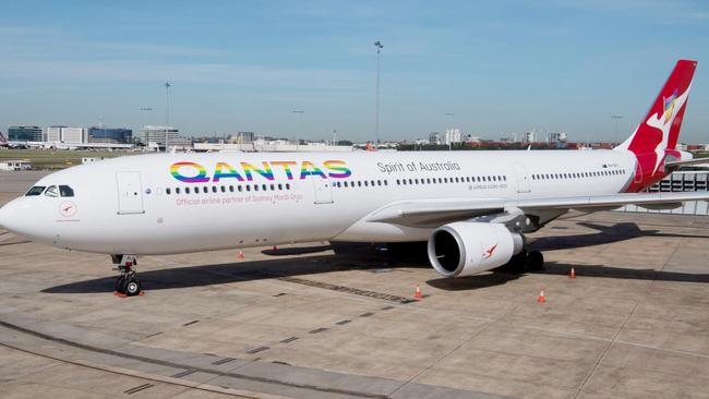 A Qantas plane with a rainbow logo. The airline is a corporate supporter of marriage equality.