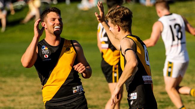 Broadview’s Josh Box and James Mapstone celebrate during the Tigers’ win over Salisbury North on Saturday. Picture: Morgan Sette