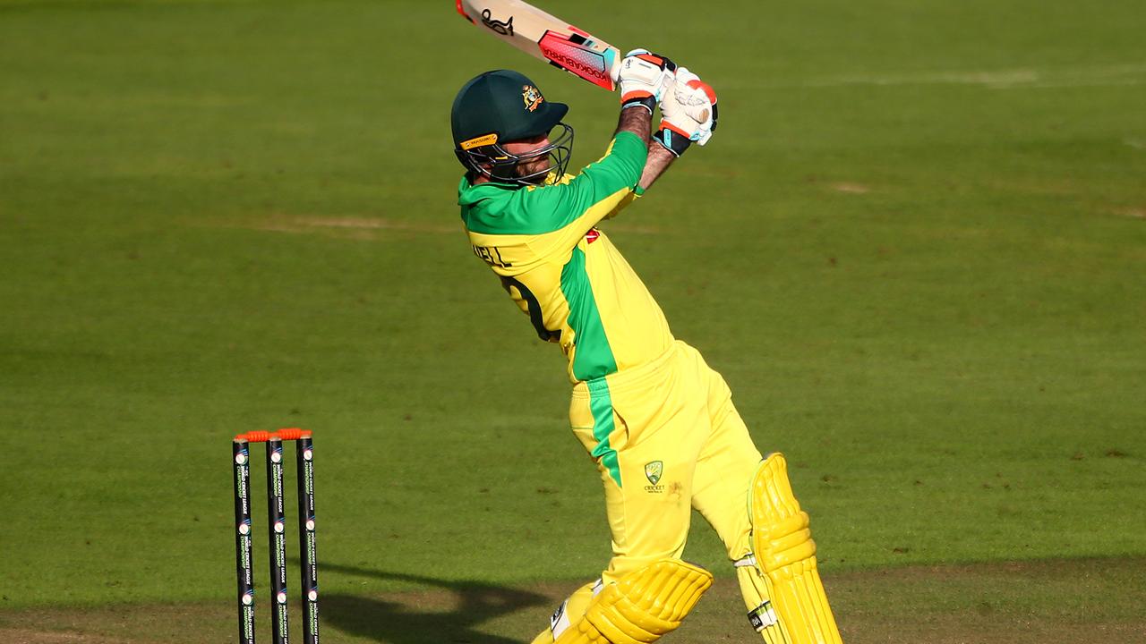 Glenn Maxwell scored 108 from 114 balls in Australia’s warm-up match. Picture: Getty Images