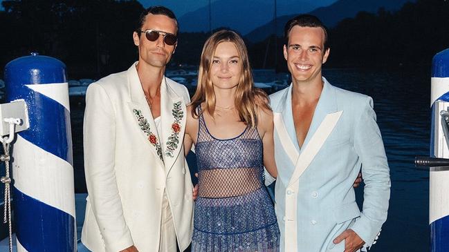 Billy Mitchell and Michael Porter at their Italian wedding with model and celebrant Bridget Malcolm.