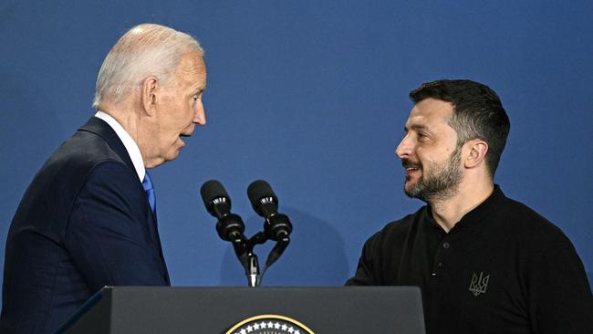 President Joe Biden greets Ukraine's President Volodymyr Zelensky during a Ukraine Compact event on the sidelines of the NATO members meeting in Washington. Picture: AFP