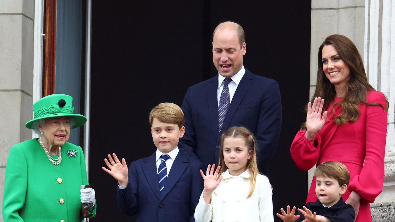 2022: Queen Elizabeth II with Prince George, Princess Charlotte and Prince Louis, and Prince William, Duke of Cambridge, and Catherine, Duchess of Cambridge, on the balcony of Buckingham Palace as part of Queen Elizabeth II’s platinum jubilee celebrations. Picture: Hannah McKay/AFP