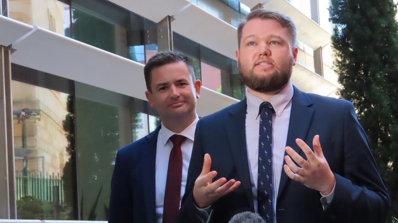 Labor leader Dean Winter with new Labor MP Casey Farrell, at a media conference at Parliament House on Wednesday, May 5, 2025.