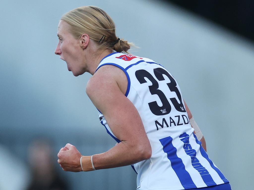 MELBOURNE, AUSTRALIA – NOVEMBER 08: Kate Shierlaw of the Kangaroos celebrates kicking a goal during the AFLW Qualifying Final match between North Melbourne Kangaroos and Adelaide Crows at Ikon Park, on November 08, 2024, in Melbourne, Australia. (Photo by Daniel Pockett/Getty Images)