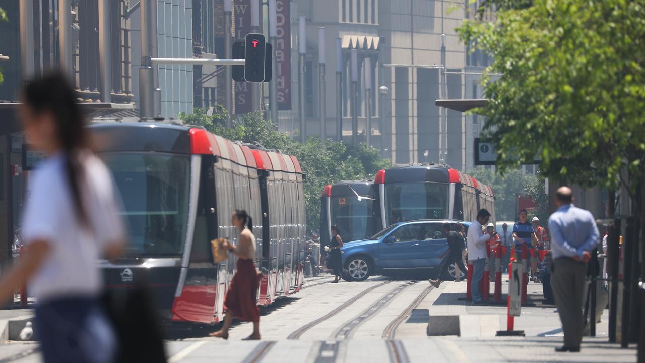 Empty trams are now running to the full timetable up and down George St in Sydney’s CBD. Picture: John Grainger