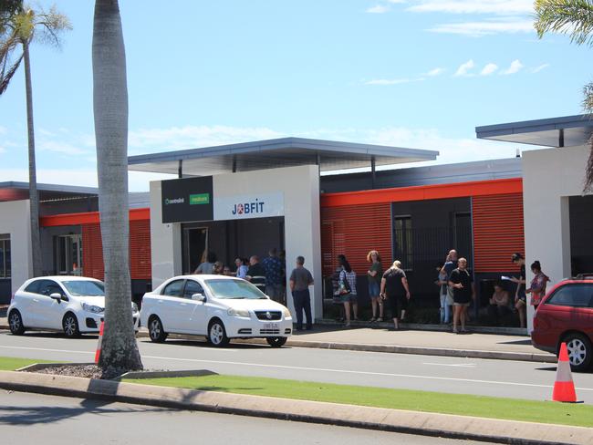 The line up outside Gladstone Centrelink this morning after coronavirus announcements and MyGov crash, March 23, 2020