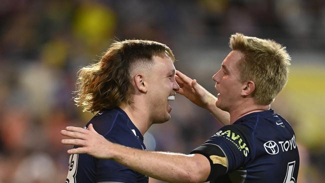 TOWNSVILLE, AUSTRALIA - JULY 06: Reuben Cotter of the Cowboys celebrates after scoring a try during the round 18 NRL match between North Queensland Cowboys and Manly Sea Eagles at Qld Country Bank Stadium, on July 06, 2024, in Townsville, Australia. (Photo by Ian Hitchcock/Getty Images)