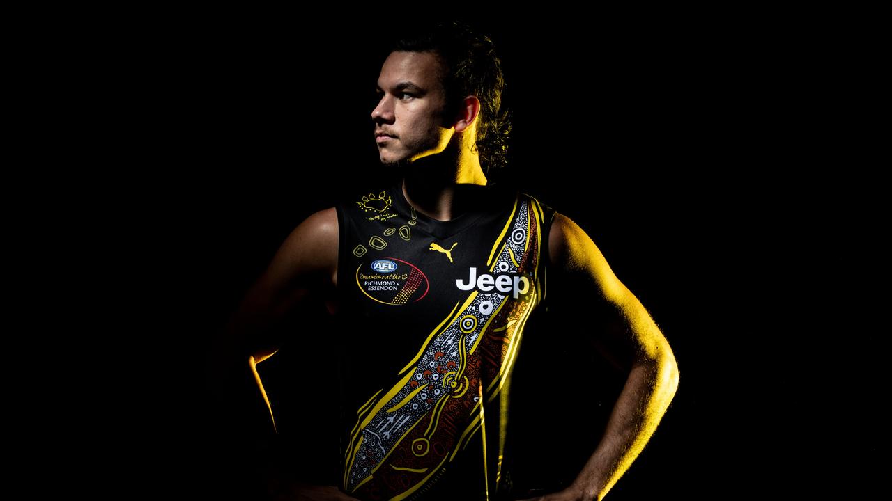 Tiger Daniel Rioli in the jersey co-designed by teammates Shane Edwards and Jack Riewoldt. Picture: Darrian Traynor/Getty Images