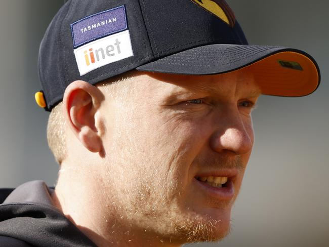 MELBOURNE, AUSTRALIA - JULY 23: James Sicily of the Hawks looks on during a Hawthorn Hawks AFL training session at Waverley Park on July 23, 2024 in Melbourne, Australia. (Photo by Darrian Traynor/Getty Images)