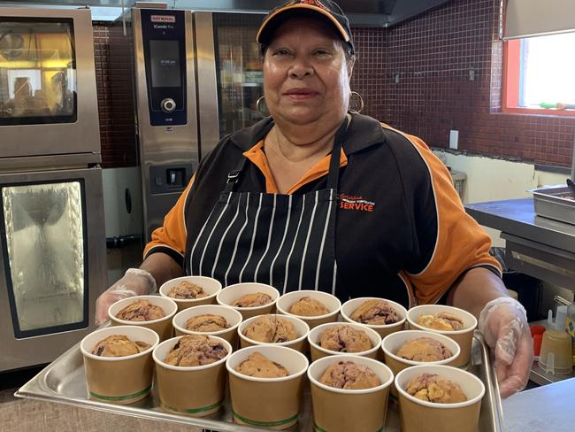 Isabell McKerlie prepares fresh muffins daily for customers of the Bungala Aboriginal Corporation's food service program. Picture: Isaac Selby