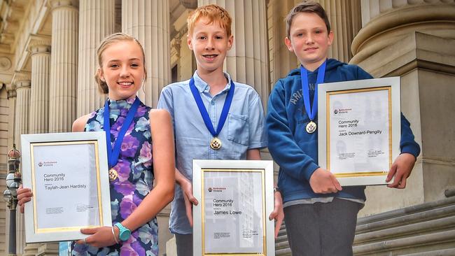 Ambulance Victoria heroes (L-R): Taylah-Jean Hardisty, James Lowe and Jack Downard-Pengilly. Picture: Tony Gough