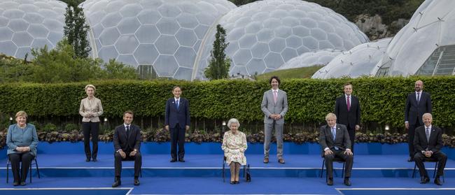 Leaders at the 2021 G7 meeting in Cornwall, (from left) German Chancellor Angela Merkel, European Commission Ursula von der Leyen, French President Emmanuel Macron, Japanese Prime Minister Yoshihide Suga, Queen Elizabeth II, Canadian Prime Minister Justin Trudeau, British Prime Minister Boris Johnson, Italian Prime Minister Mario Draghi, president of the European Council Charles Michel, and United States President Joe Biden. Picture: Jack Hill/ WPA Pool/Getty Images