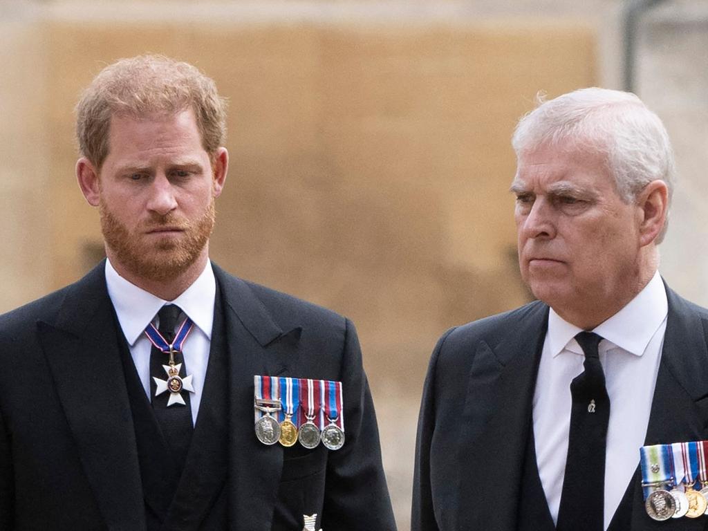 Prince Harry with Prince Andrew as they arrive at St George's Chapel on September 19, 2022, ahead of the Committal Service for Queen Elizabeth II. Picture: David Rose/AFP