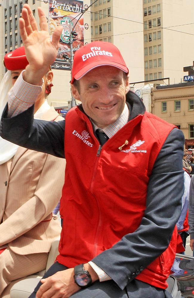  Damen Oliver, riding for Gai Waterhouse on Fiorentei during the Melbourne Cup parade through Swanston Street, Melbourne. Picture: Mark Evans 