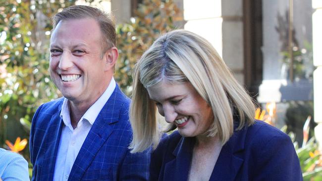 Acting Premier Steven Miles and Health Minister Shannon Fentiman share a laugh at a press conference in Brisbane this week, as Premier Annastacia Palaszczuk holidays in Italy. Picture: NCA NewsWire / Scott Powick